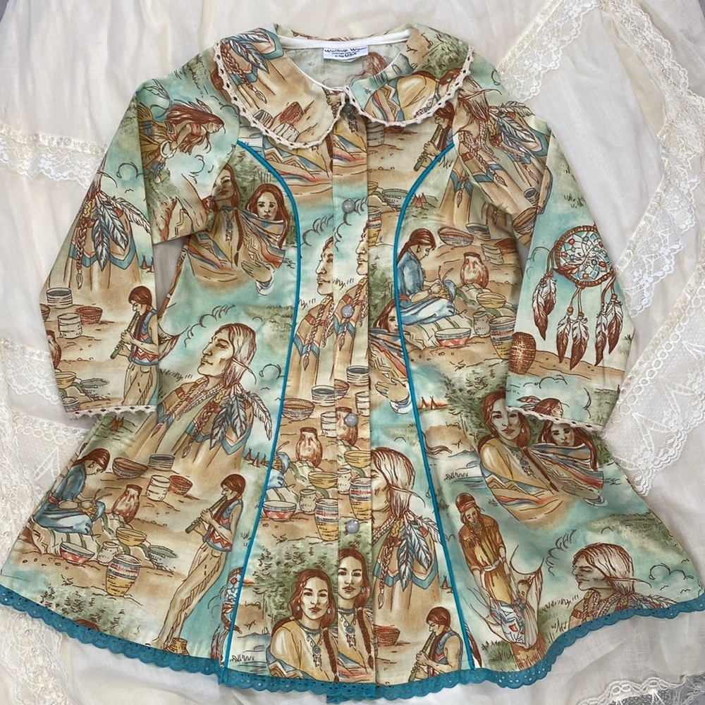 Vintage Western Girls Size 4 Indian/Horse Print Dress Long Sleeve Fit‎ & Flare